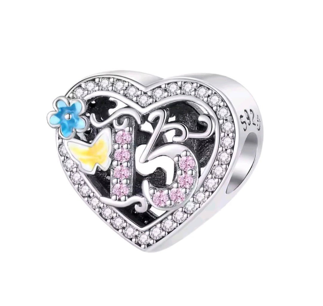 Sterling Silver 15th Birthday Heart Charm - Enchanting Charms