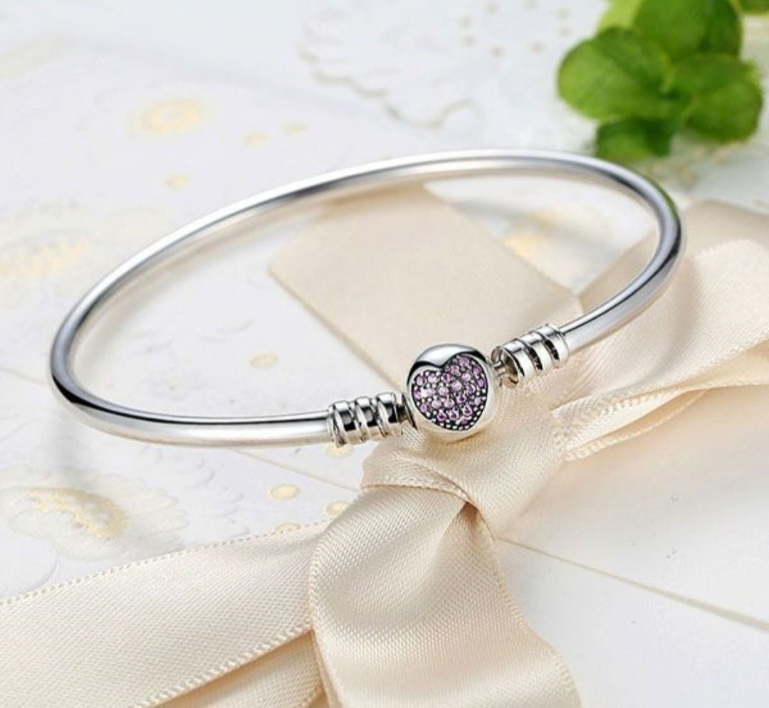 Sterling Silver Pink Heart Bangle Bracelet - Enchanting Charms