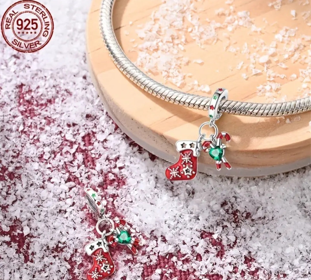 Sterling Silver Christmas Stocking & Candy Cane Charm