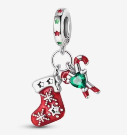 Sterling Silver Christmas Stocking & Candy Cane Charm