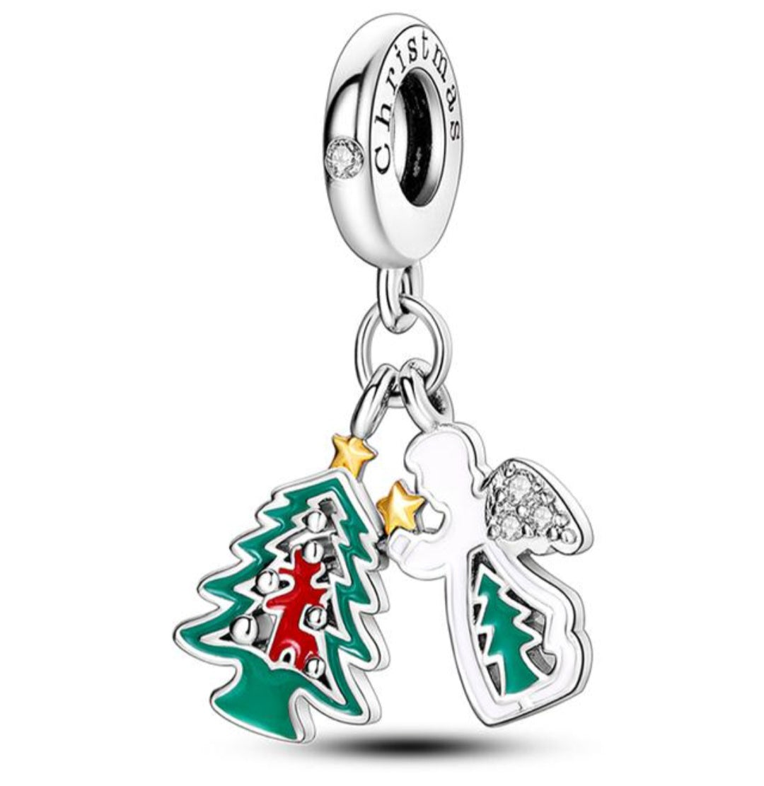 Sterling Silver Merry Christmas Tree & Angel Charm