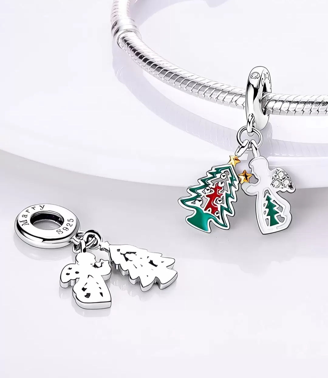 Sterling Silver Merry Christmas Tree & Angel Charm