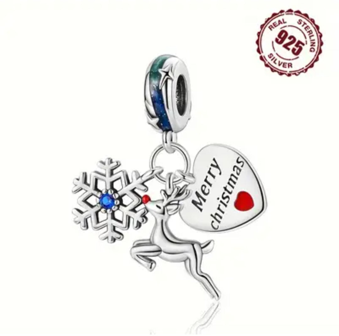 Sterling Silver Merry Christmas Snowflake & Reindeer Charm