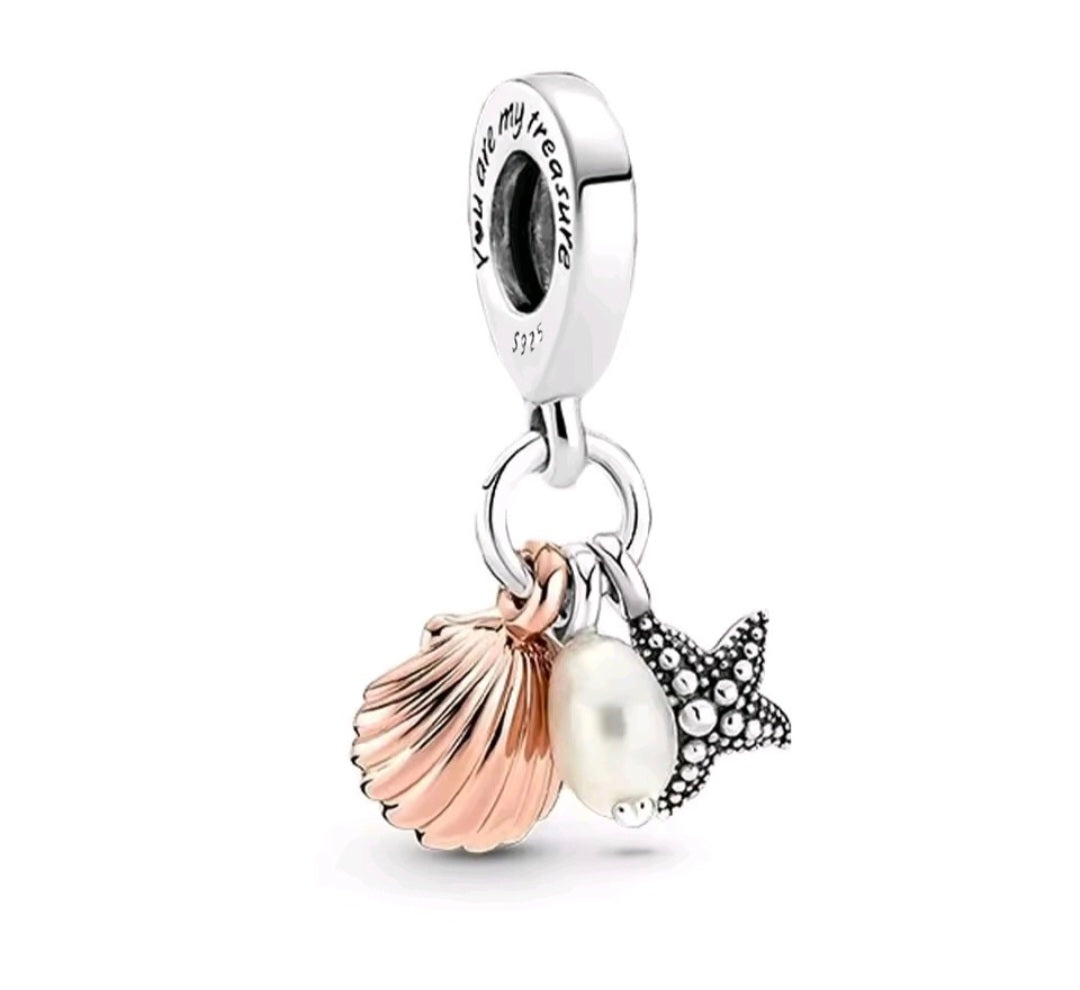 Sterling Silver Treated Pearl Starfish & Shell Charm