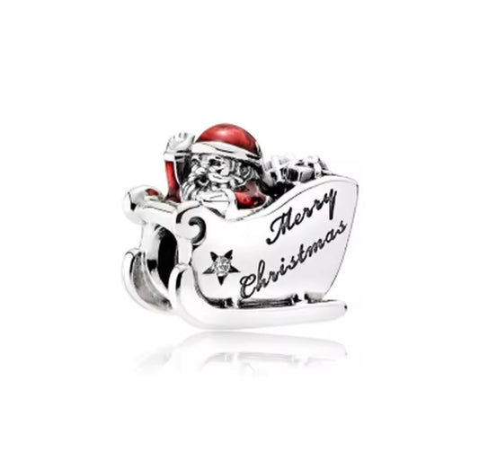 Sterling Silver Merry Christmas Santa Sleigh Charm