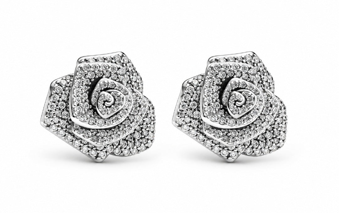 Sterling Silver Sparkling Rose In Bloom Stud Earrings