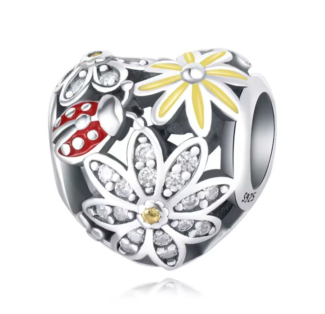 Sterling Silvef Sparkling Flowers Ladybird Heart Charm - Enchanting Charms
