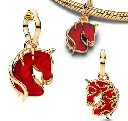 Sterling Silver 14k Gold Plated Red Fire Horse Murano Charm - Enchanting Charms