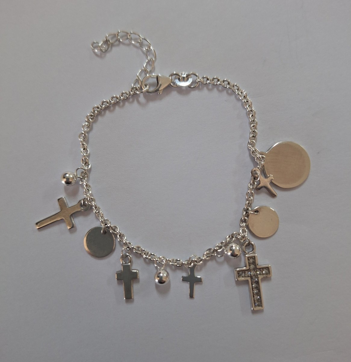 Sterling Silver 16+3cm Rolo Chain Cross & Disc Bracelet - Enchanting Charms