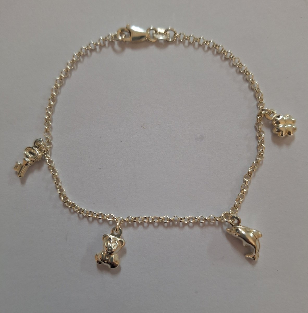 Sterling Silver 19cm Rolo Chain Key Teddy Bear Dolphin Clover Bracelet - Enchanting Charms