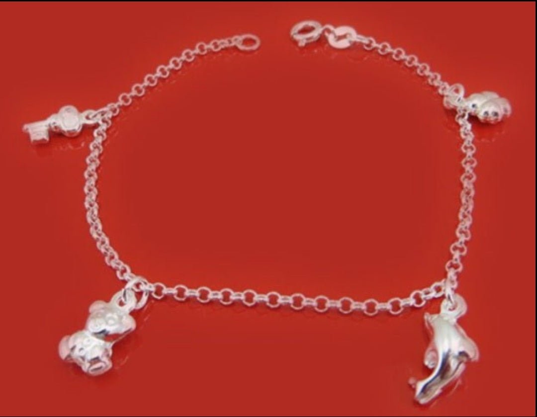 Sterling Silver 19cm Rolo Chain Key Teddy Bear Dolphin Clover Bracelet - Enchanting Charms