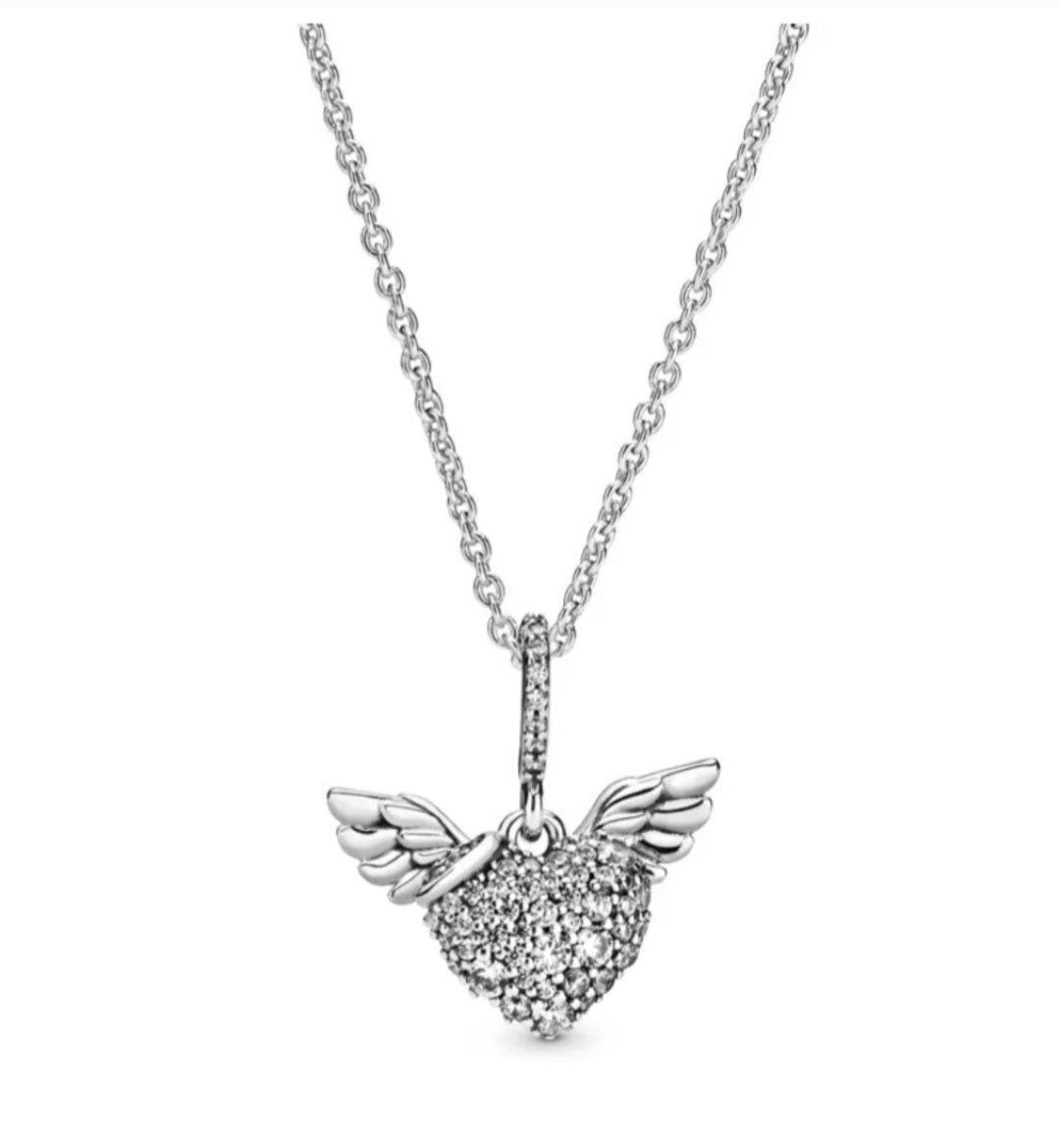 Sterling Silver 45cm Pave Heart & Angel Wings Necklace - Enchanting Charms