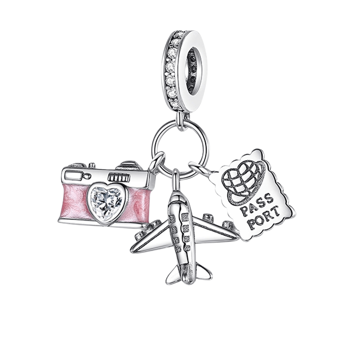 Sterling Silver Aeroplane Camera Passport Three - Piece Charm - Enchanting Charms
