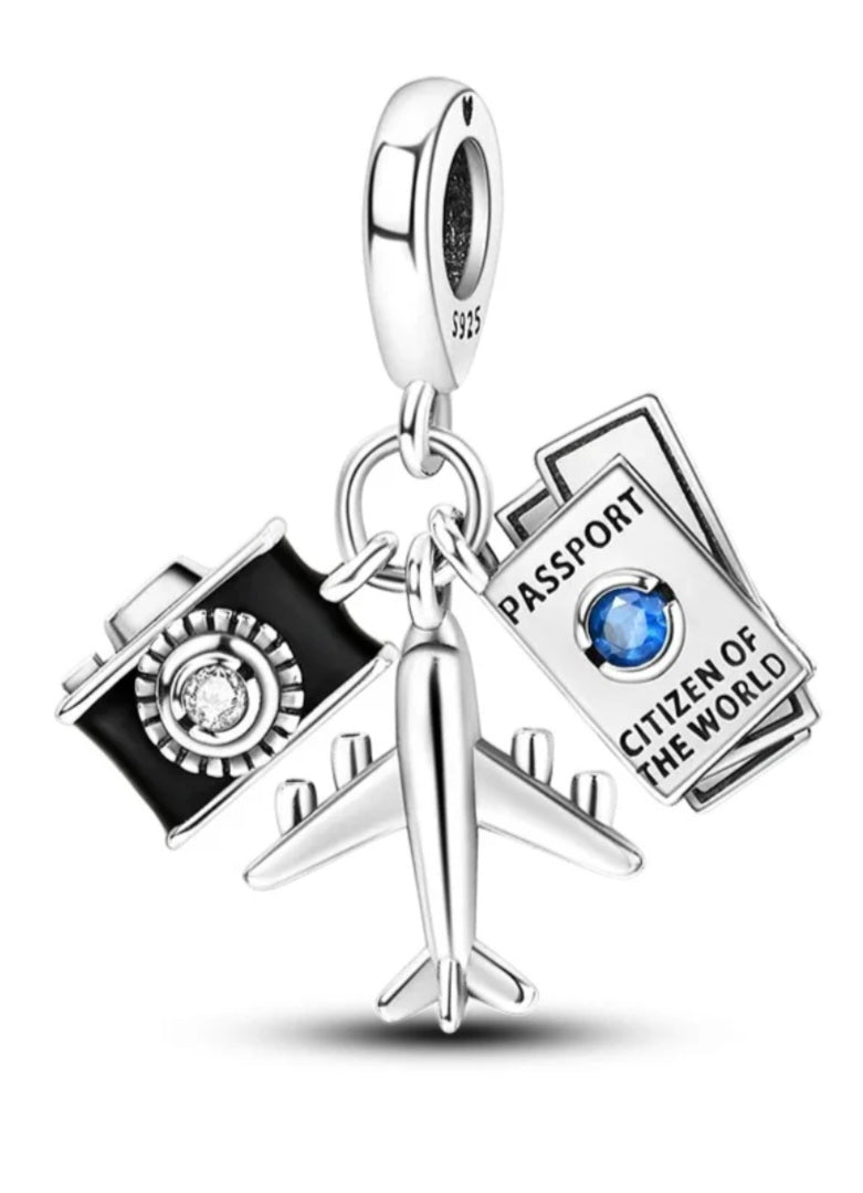 Sterling Silver Aeroplane Camera Passport Travel Charm - Enchanting Charms