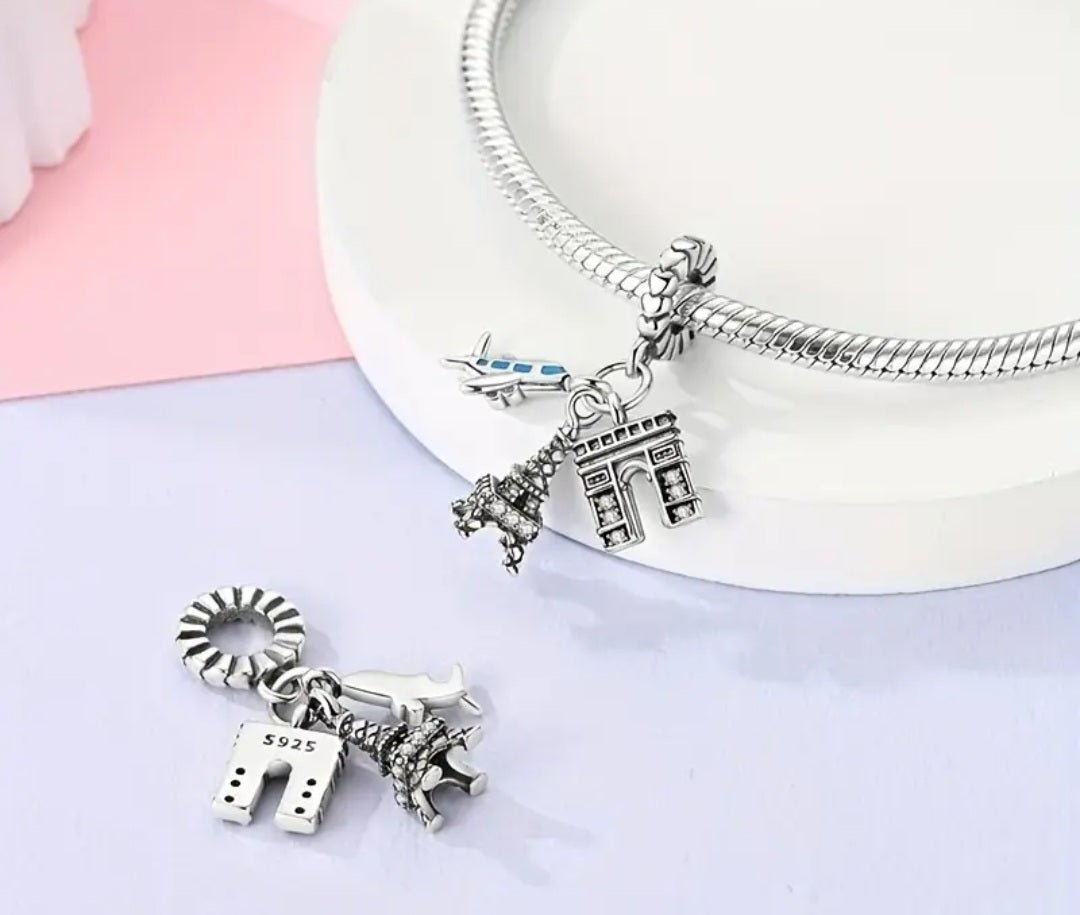 Sterling Silver Aeroplane Eiffel Tower & Arc de Triomphe Charm - Enchanting Charms