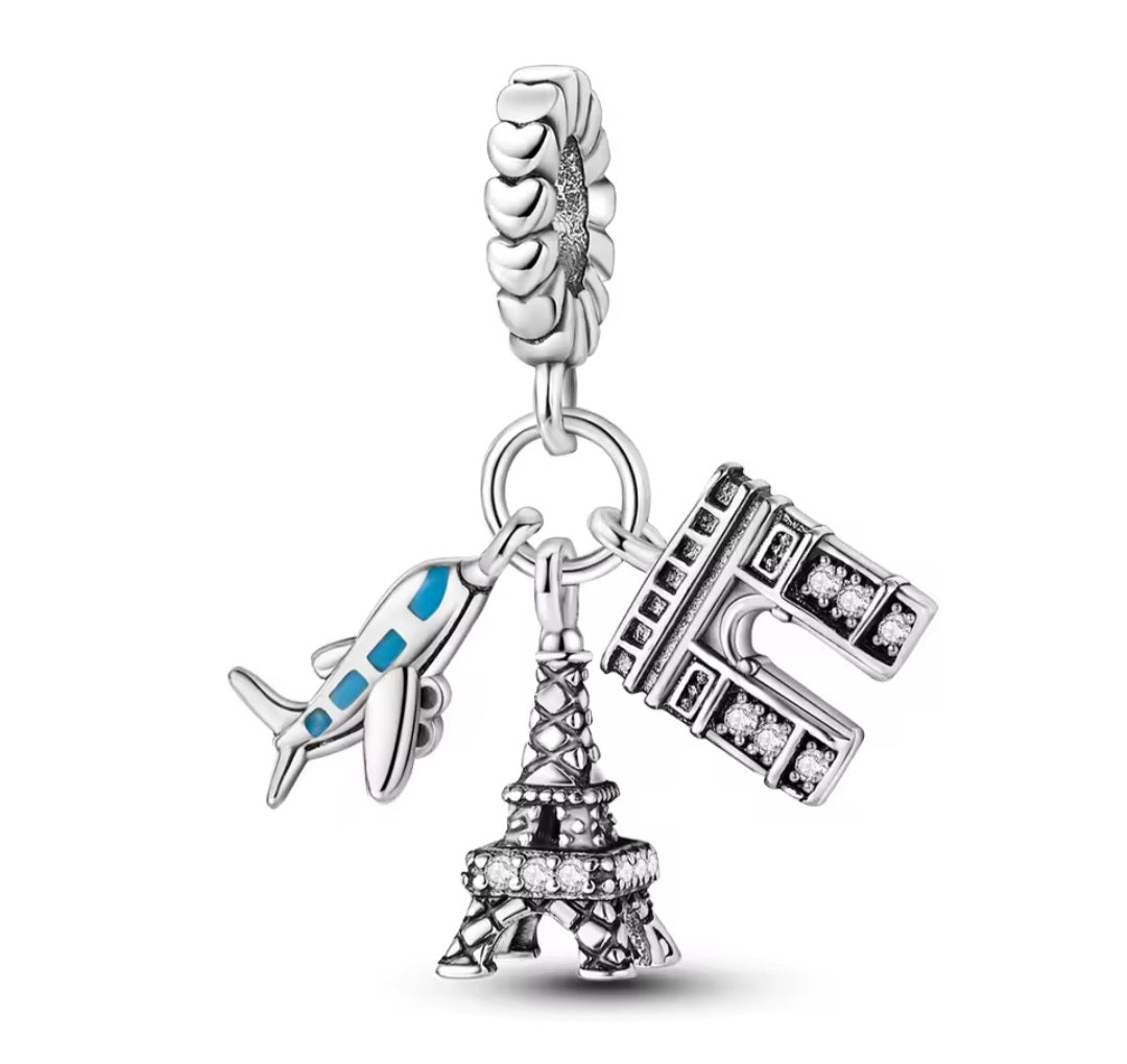 Sterling Silver Aeroplane Eiffel Tower & Arc de Triomphe Charm - Enchanting Charms