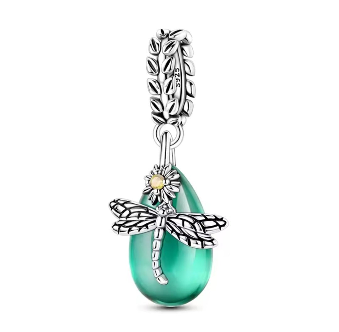 Sterling Silver agreed Glass Stone With Dragonfly Charm - Enchanting Charms