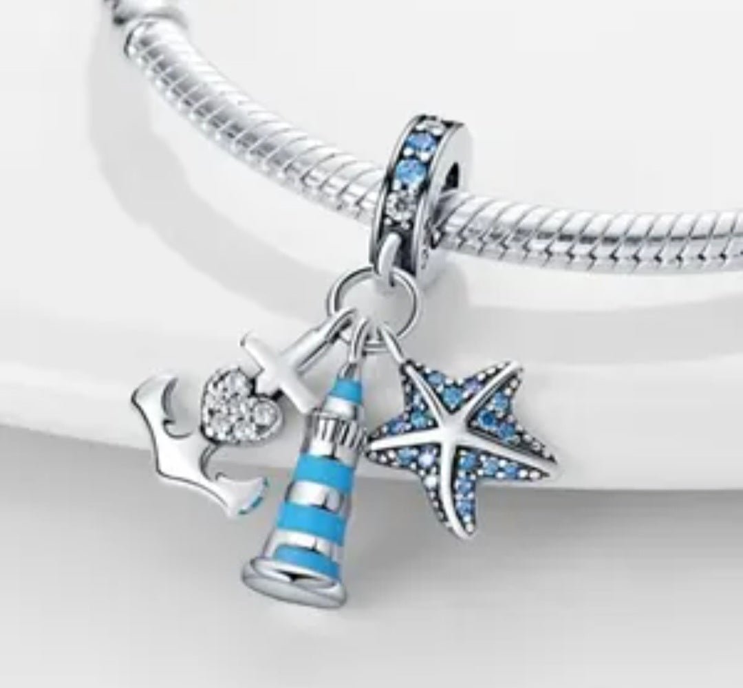 Sterling Silver Anchor Lighthouse Seastar Charm - Enchanting Charms