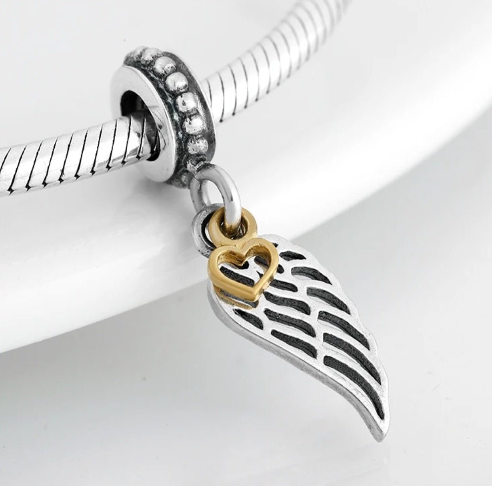 Sterling Silver Angel Wing & Heart Charm - Enchanting Charms