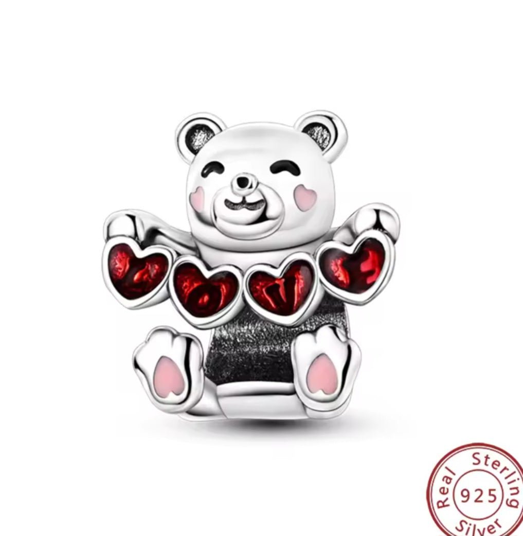 Sterling Silver Bear With String Of Hearts - Enchanting Charms