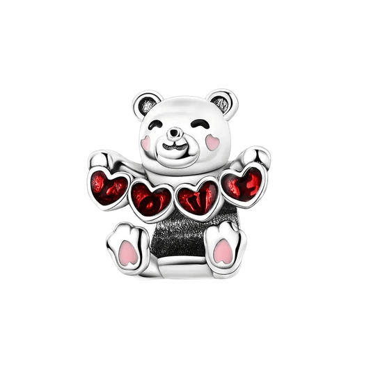 Sterling Silver Bear With String Of Hearts - Enchanting Charms
