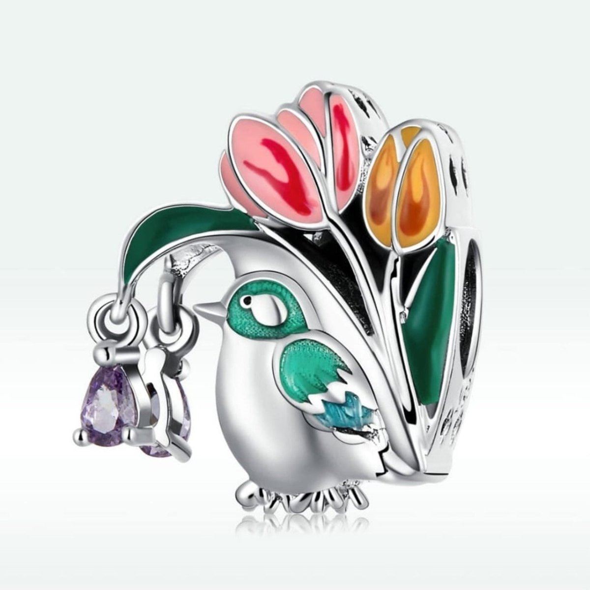 Sterling Silver Bird & Tulips Charm - Enchanting Charms