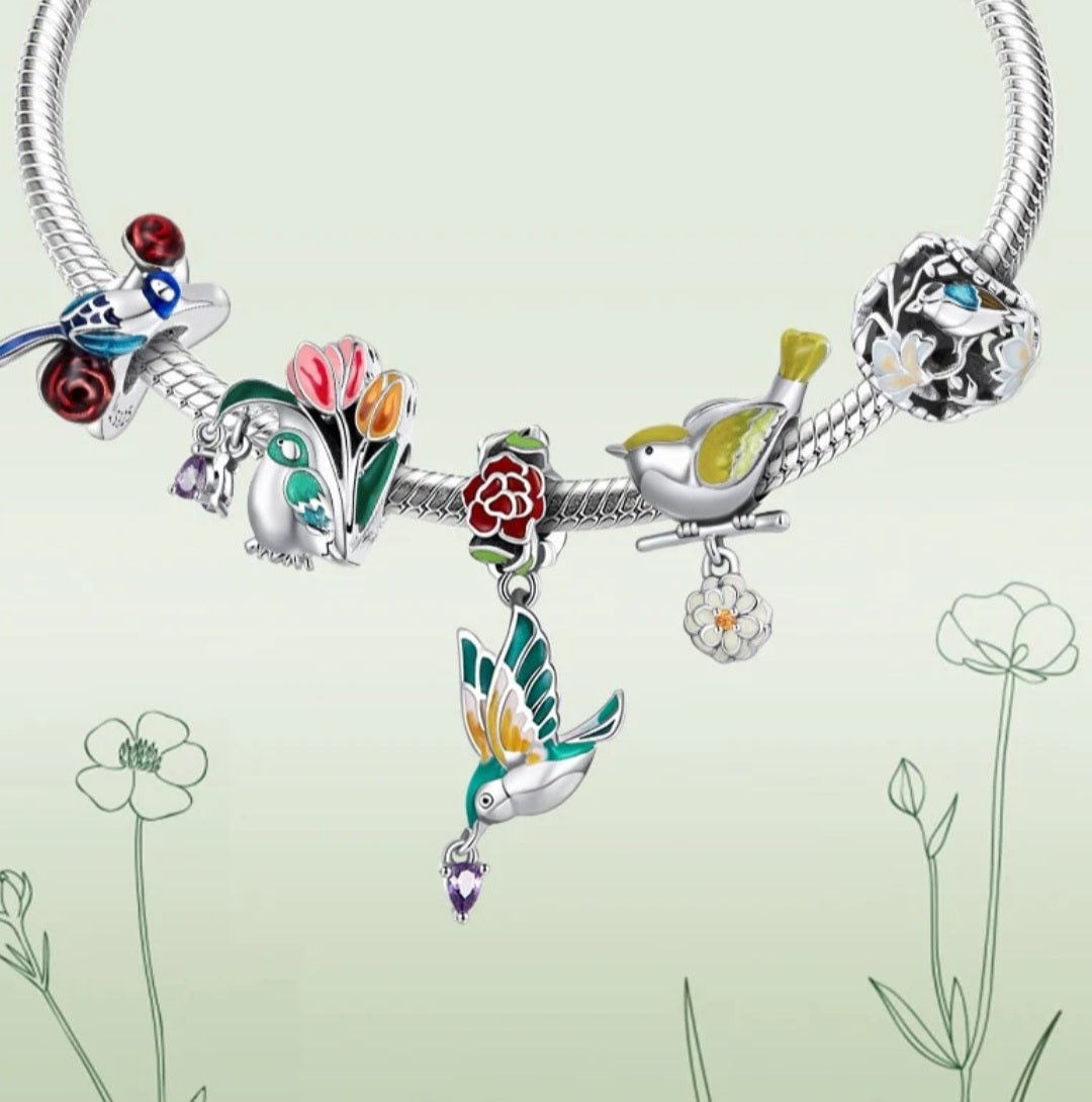 Sterling Silver Bird & Tulips Collection Charm - Enchanting Charms