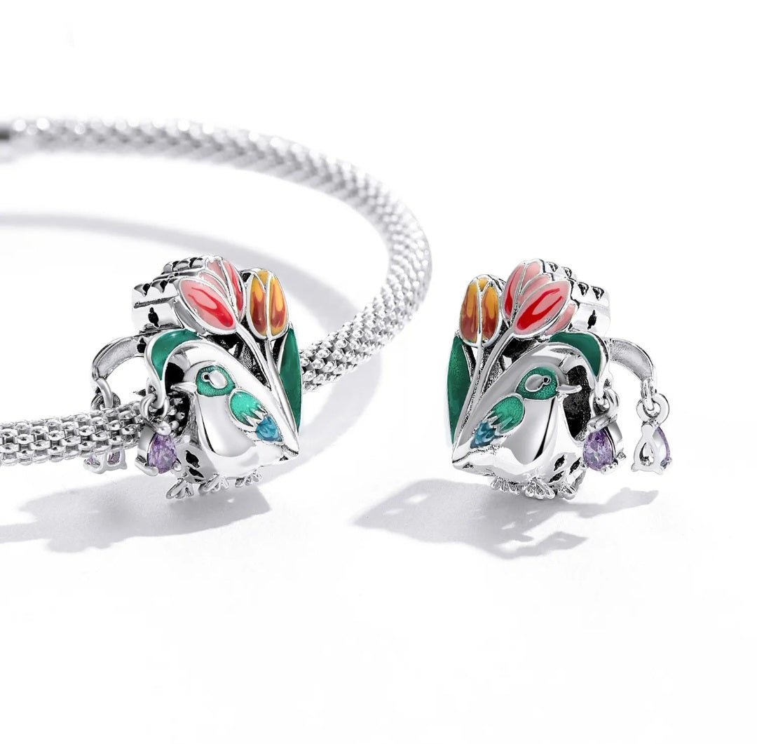 Sterling Silver Bird & Tulips Collection Charm - Enchanting Charms