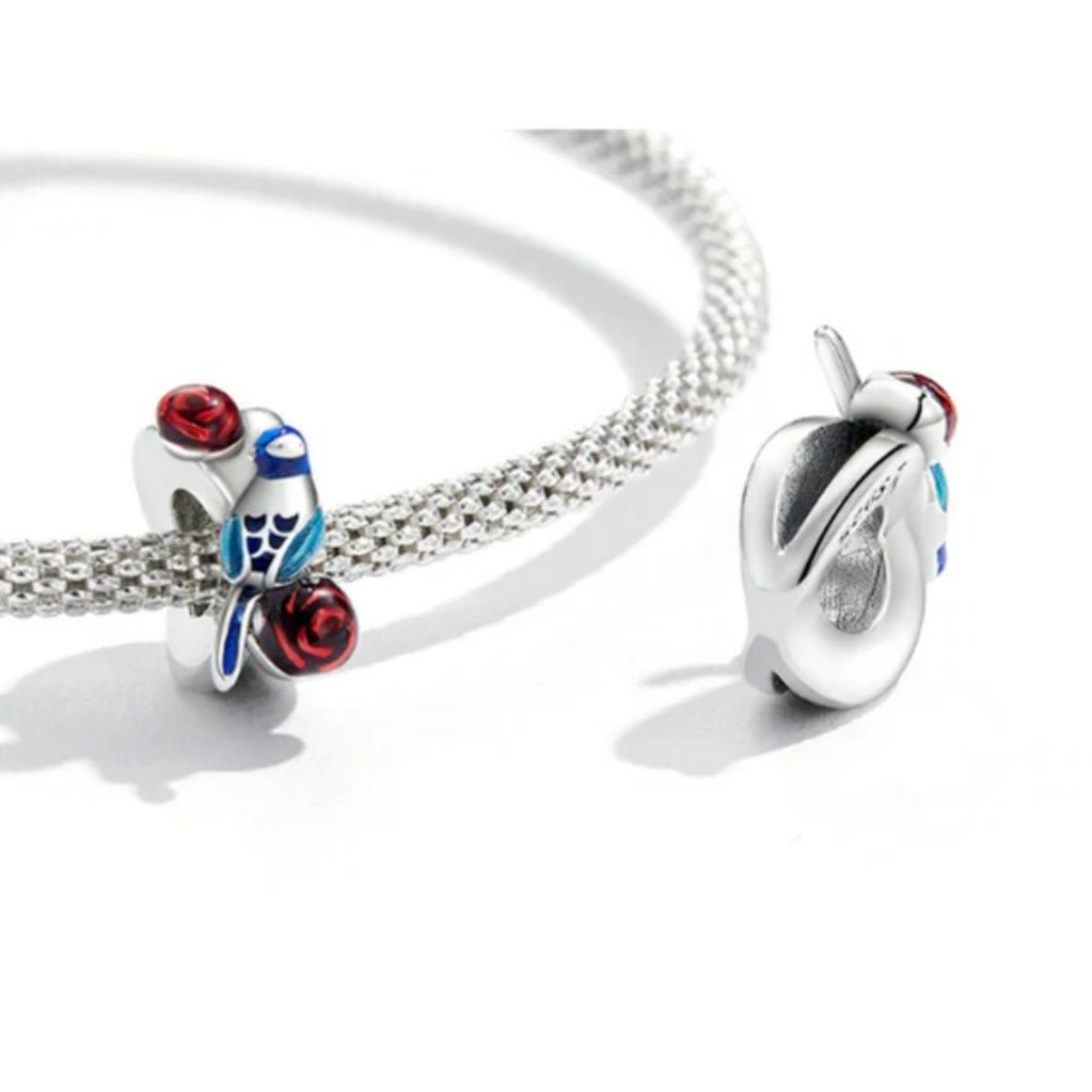 Sterling Silver Bird with Roses Charm - Enchanting Charms
