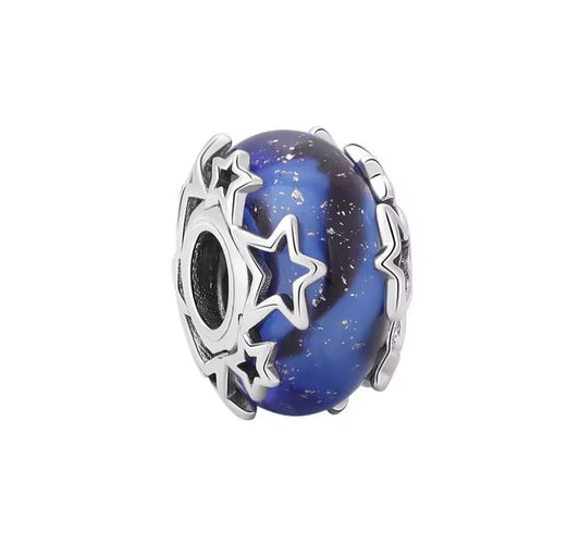 Sterling Silver Blue Galaxy & Stars Murano Glass Charm - Enchanting Charms