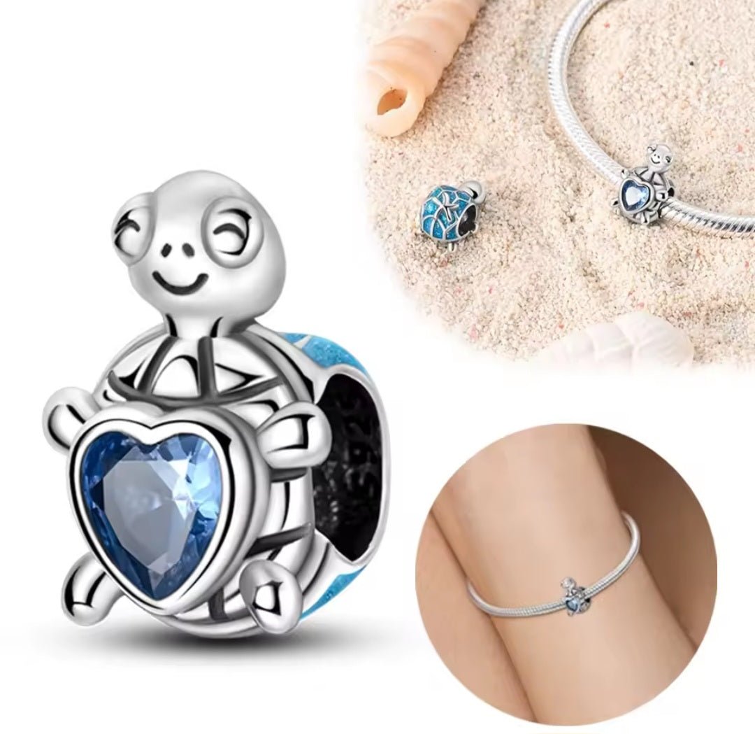 Sterling Silver Blue Heart Turtle Charm - Enchanting Charms