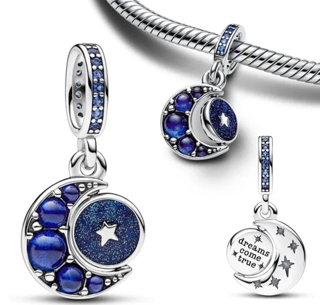 Sterling Silver Blue Moon And Stars Dreams Come True Charm - Enchanting Charms