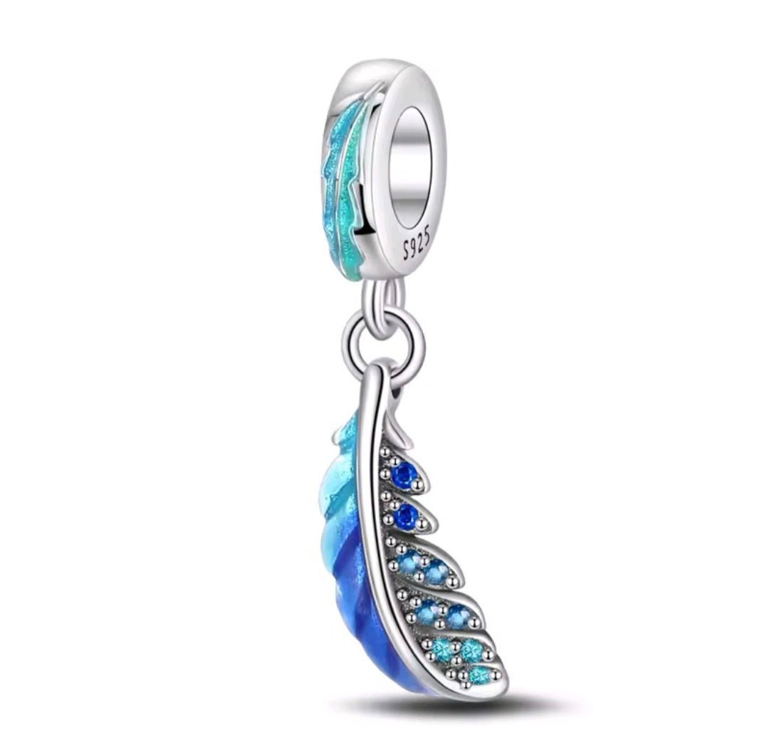 Sterling Silver Blue Sparkling Feather Charm - Enchanting Charms
