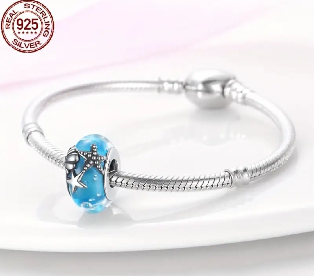 Sterling Silver Blue Starfish Murano Glass Charm - Enchanting Charms