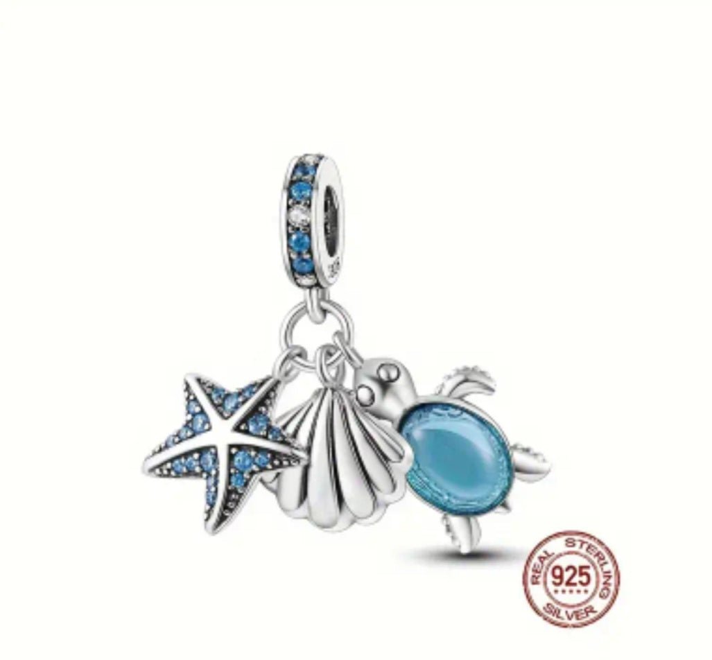 Sterling Silver Blue Starfish Shell & Sea Turtle charm - Enchanting Charms