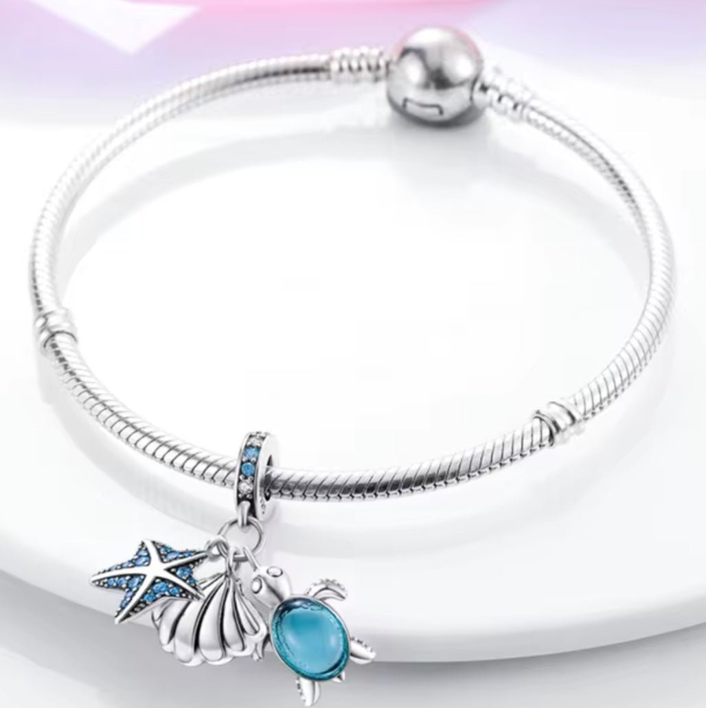 Sterling Silver Blue Starfish Shell & Sea Turtle charm - Enchanting Charms