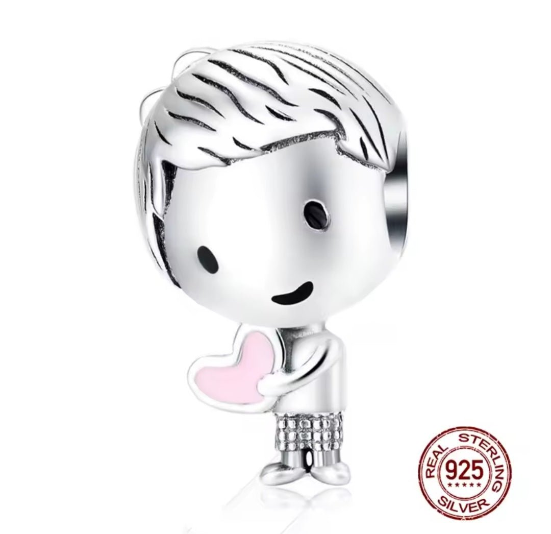 Sterling Silver Boy With Pink Heart Charm - Enchanting Charms