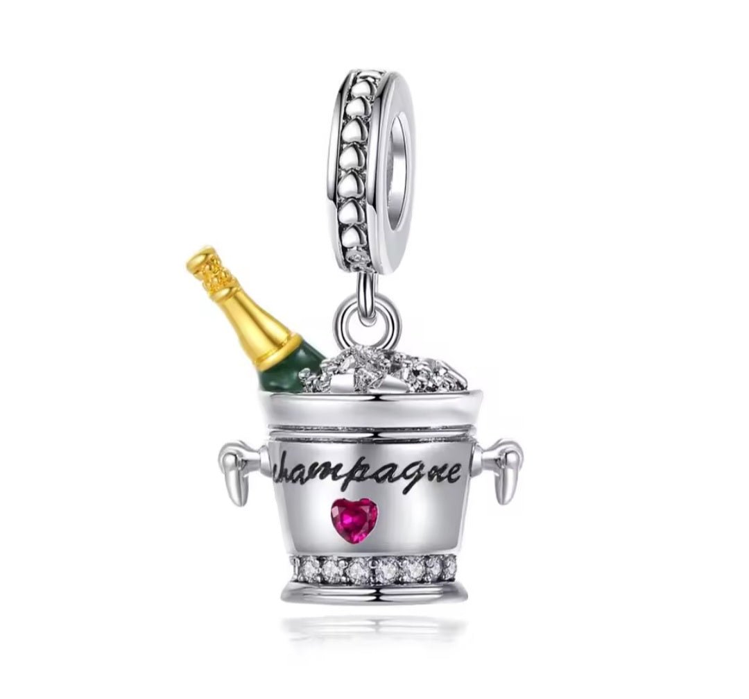 Sterling Silver Champagne In Icebucket Charm - Enchanting Charms