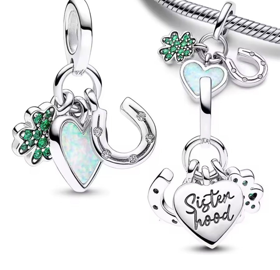 Sterling Silver Clover Heart Horseshoe Sisterhood Charm - Enchanting Charms
