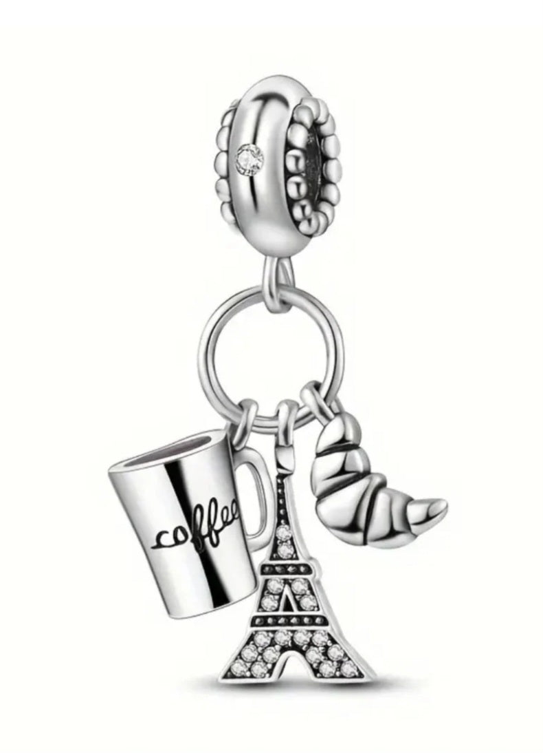 Sterling Silver Coffee Eiffel Tower Croissant Charm - Enchanting Charms