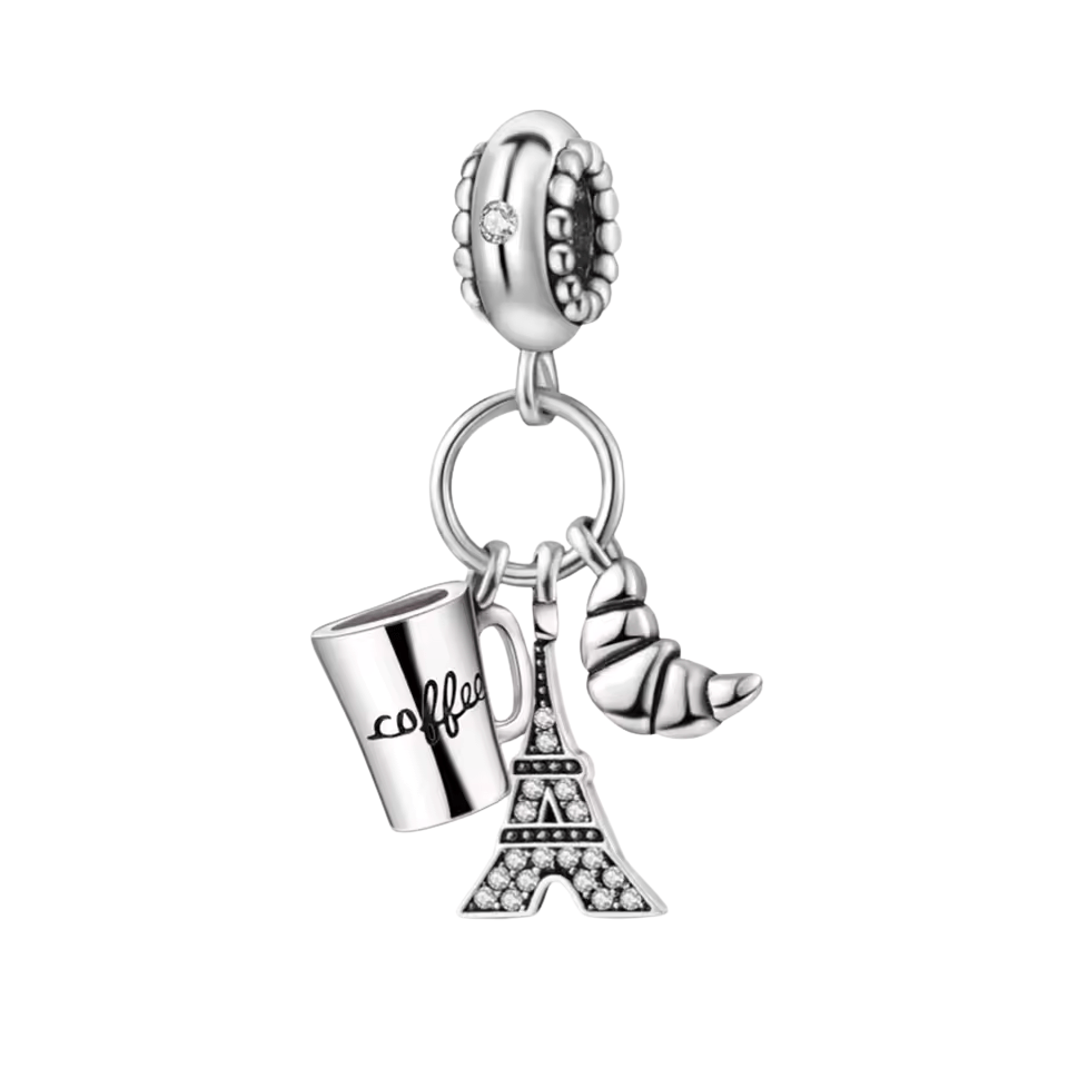 Sterling Silver Coffee Eiffel Tower Croissant Charm - Enchanting Charms