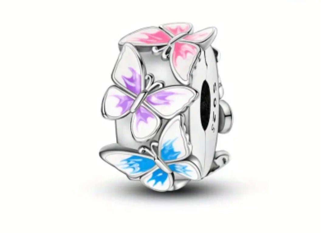 Sterling Silver Colourful Butterflies Clip Stopper Charm - Enchanting Charms