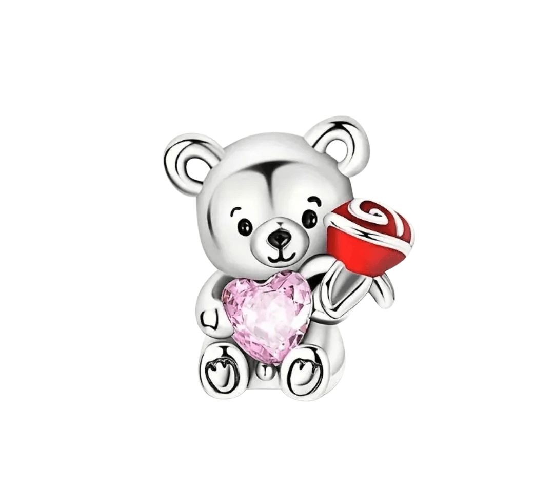 Sterling Silver Cute Bear With Rose & Heart Charm - Enchanting Charms