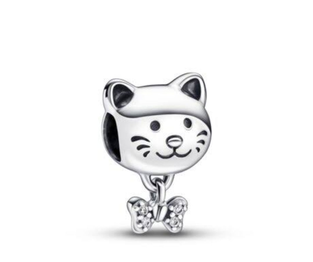 Sterling Silver Cute Cat With Bow Tie Charm - Enchanting Charms