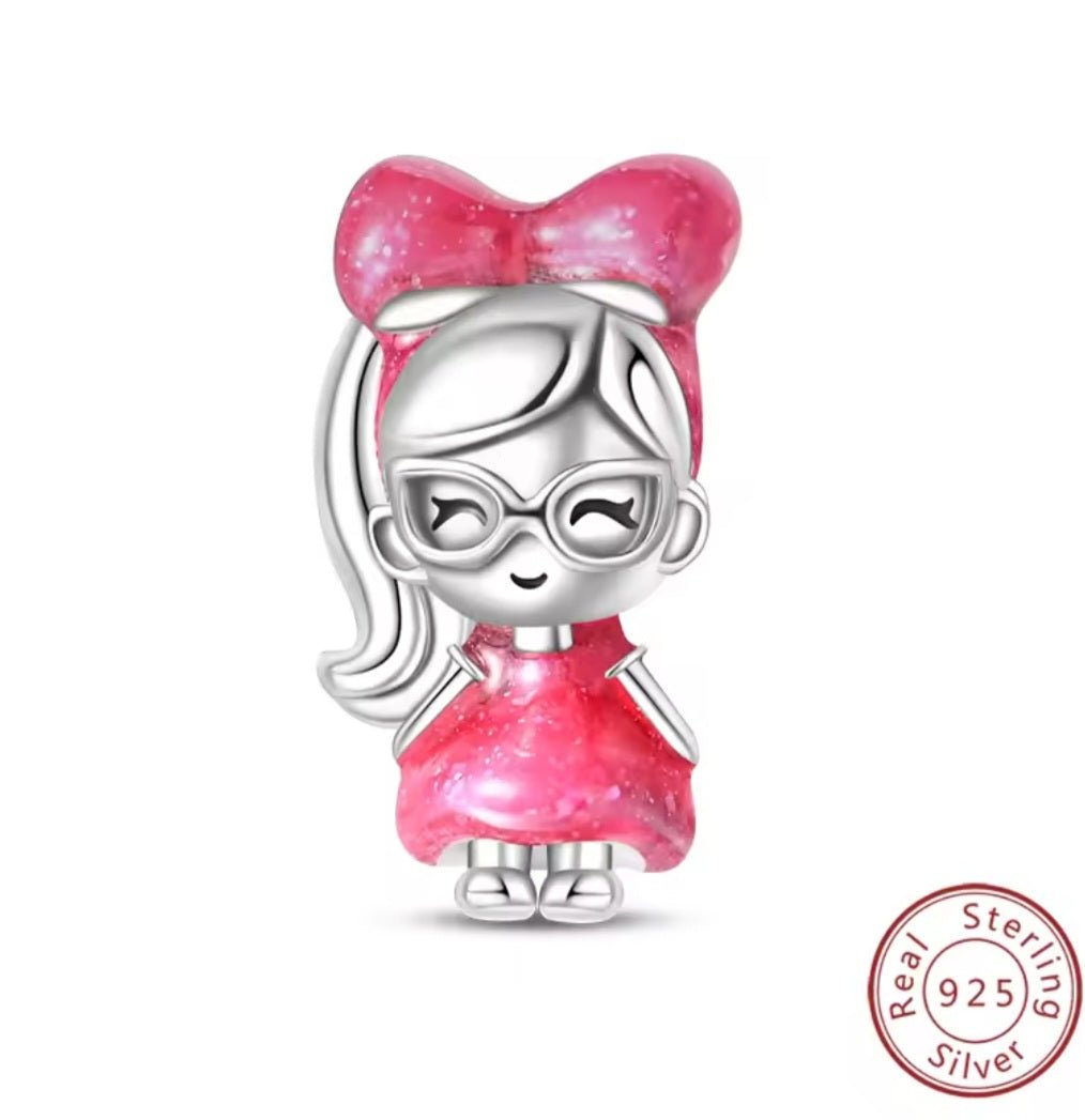 Sterling Silver Cute Girl With Pink Bow Charm - Enchanting Charms