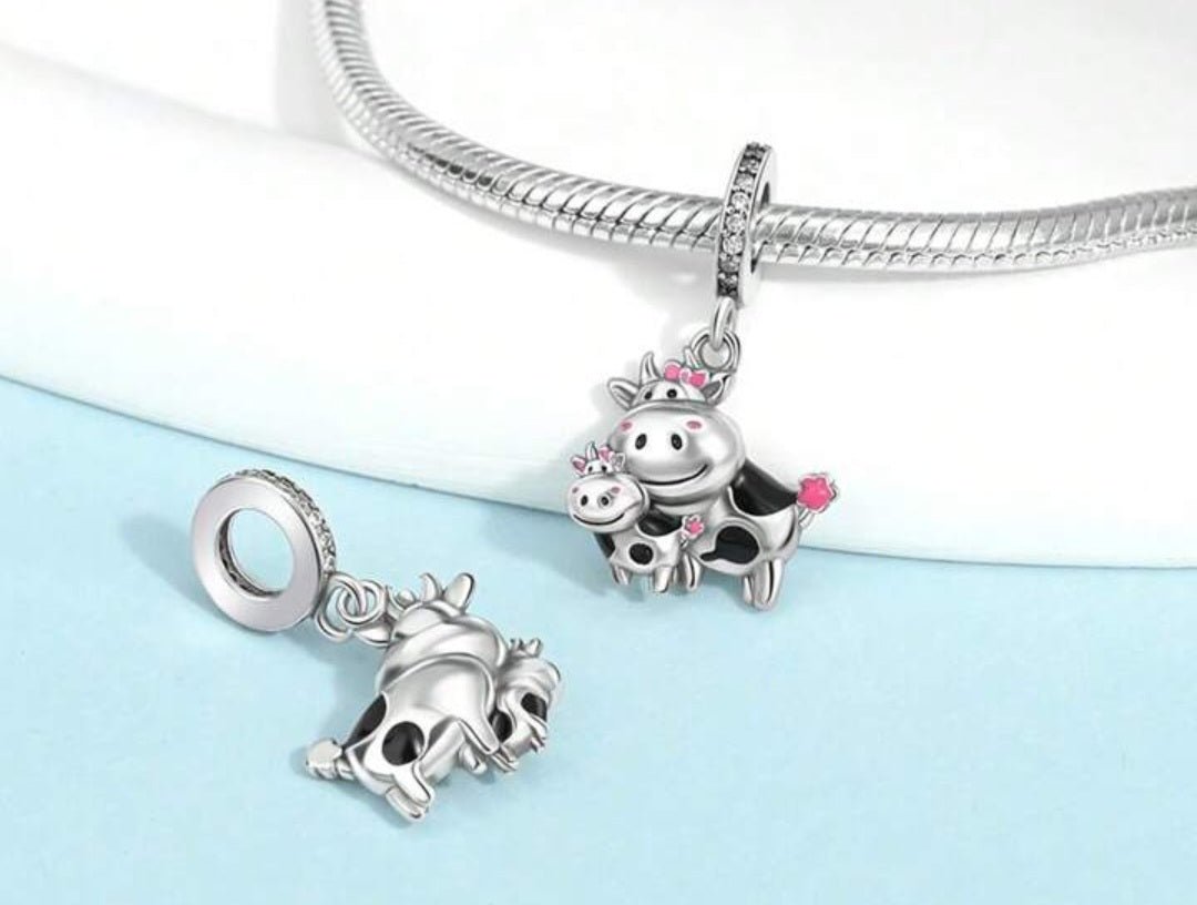 Sterling Silver Cute Mom And Baby Cow Charm - Enchanting Charms