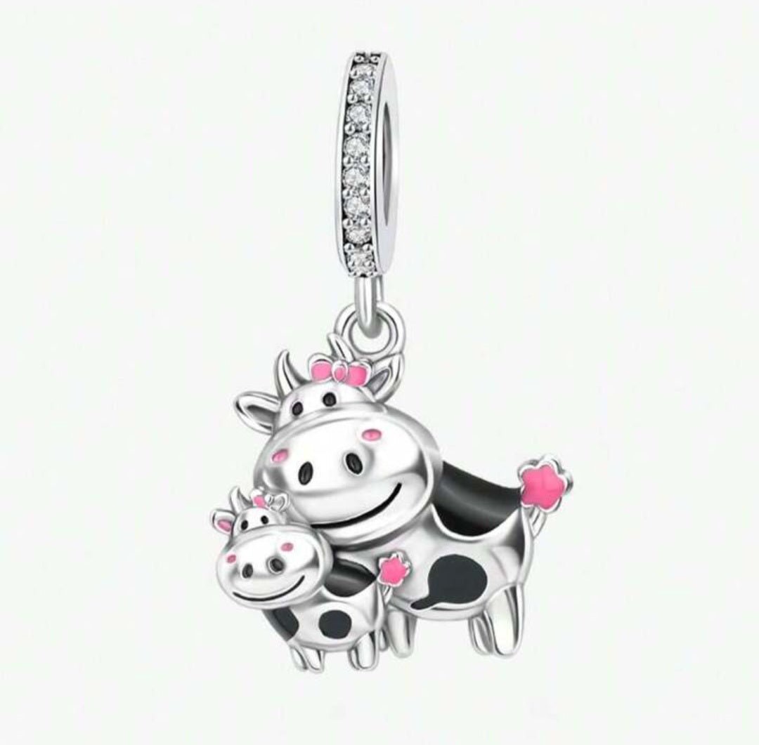 Sterling Silver Cute Mom And Baby Cow Charm - Enchanting Charms