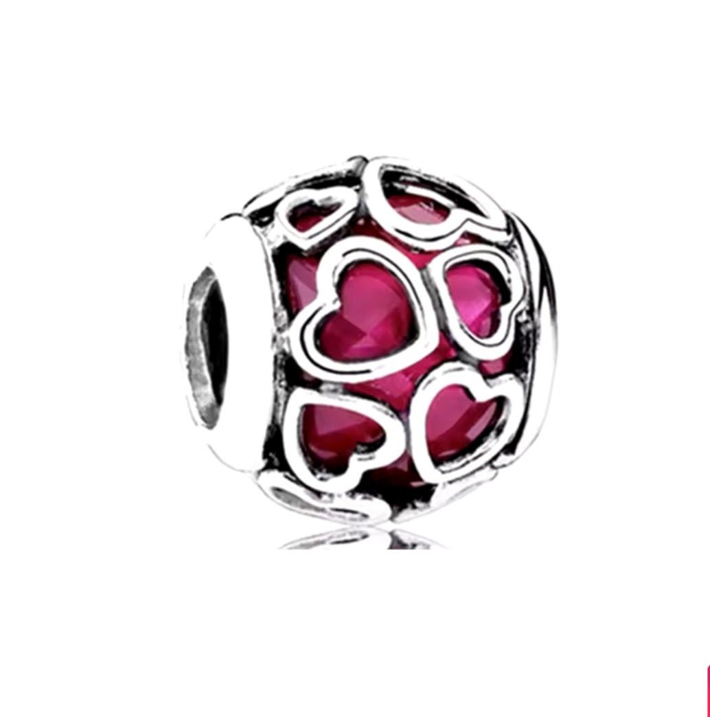 Sterling Silver Dark Pink Encased In Love Heart Charm - Enchanting Charms