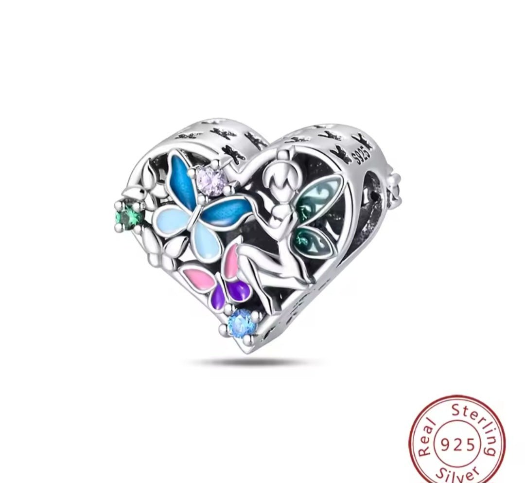 Sterling Silver Fairy Butterfly Heart Charm - Enchanting Charms