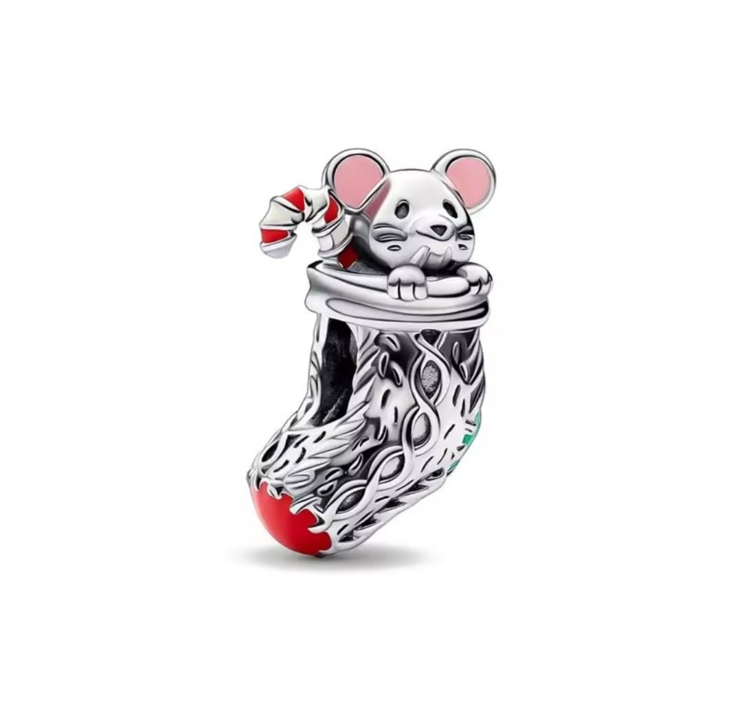 Sterling Silver Festive Mouse In Stocking Christmas Charm - Enchanting Charms